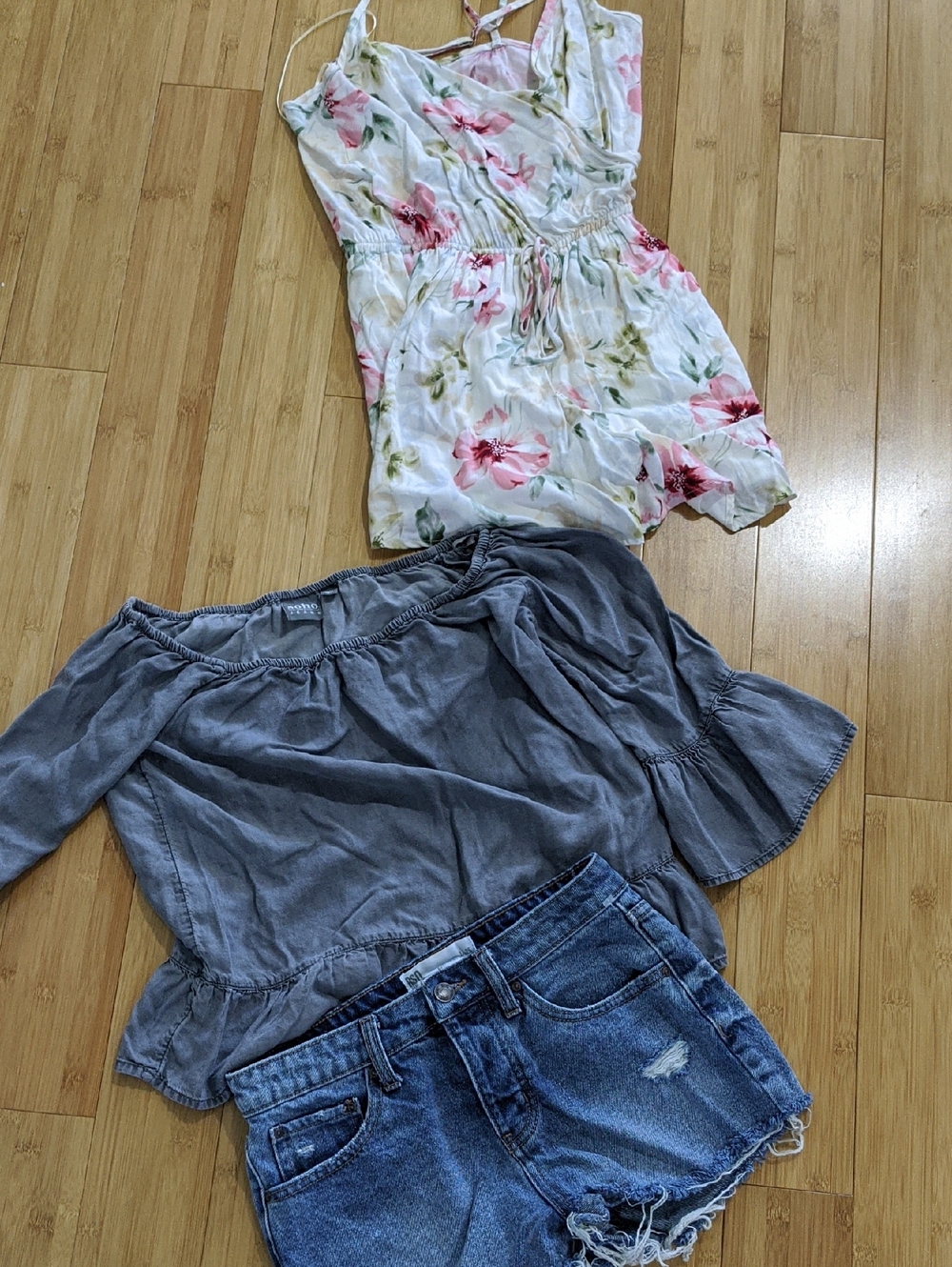 Boho Festival Bundle Floral White & Pink Summer Romper Jean Shorts